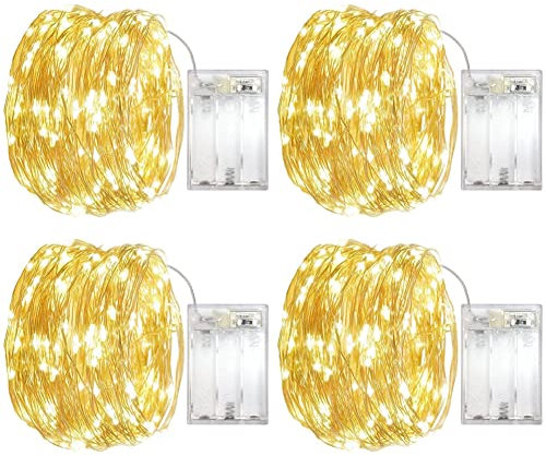 4x 5M 50er LED Lichterkette Batterie - 2 Glitzer Modi Lichterketten AA Batteriebetrieben Silberdraht Drahtlichterkette für Hochzeit Party Beleuchtung Halloween Weihnachten Zimmer Dekoration (Warmweiß)