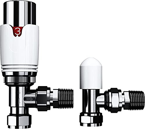 Anthracite/White/Chrome/Black Radiator Valves - Thermostatic Radiator Valve Set for a Vertical/Horizontal Radiator - Angled/Straight TRV & Lock Shield (Angled, White)