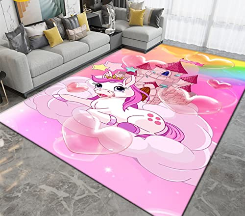 Teppich Rosa Lila Regenbogen Cartoon Einhorn Rug für Wohnzimmer Kinderzimmer Dekoration Kinder Spielen Krabbeln Matte Rutschfeste Bodenmatte Waschbar Heimdekoration Geschenk (Bunt 3,160 x 200 cm)