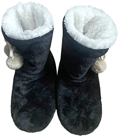 Pantoufles Hiver Chaud Femmes Hommes Chaussons Intérieur Super Doux Thermique Chaussures de Maison Bottes en Peluche avec Pompom Mules Confortable Slippers Invités Voyage Bureau Noël,Noir,39/41EU