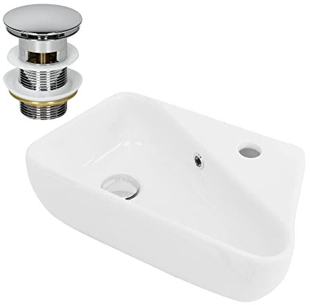 ML-Design Lavabo en Céramique Blanc, 45x27x13 cm, Anguleux, avec Bouchon de Vidage Chrome en Laiton, Trop-Plein et Trou pour Robinet à Droite, Montage Mural ou à Poser, Vasque á Poser Lave-Mains Évier