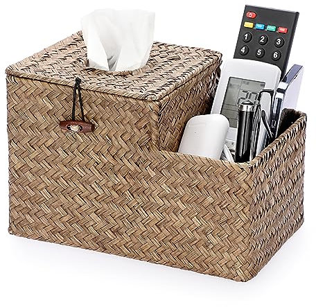 IGNPION Gewebter quadratischer Taschentuchhalter, Seegras für Gesichtstücher, dekorative Taschentuchbox, Haushalt, Würfel, Taschentuch-Organizer, Box mit Fernbedienung, Aufbewahrungshalter für Haus,