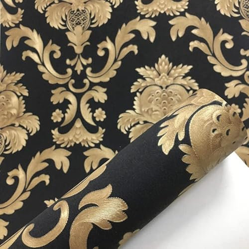 HELVES Black Wallpaper Gold Damask Patterned PVC Wall Paper For Living Room Textured Vinyl Home Wall Decor Paper