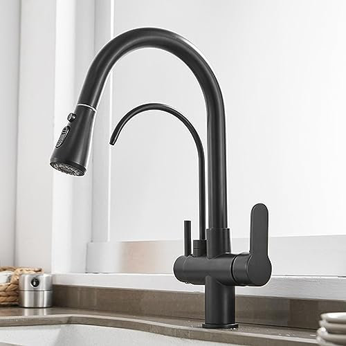 Miscelatore Cucina 3 Vie con Doccetta Estraibile Spin, Rubinetto 3 Vie per Depuratore, Acqua Purificata Ottone Rubinetto Miscelatore Tre Vie da Cucina-Nero