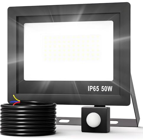 Realky 50W Focos LED Exterior con Sensor de Movimiento, 3000LM Focos Led Exterior, IP65 Impermeable Foco Proyector LED Exterior 6500K Blanco Frío Floodlight para Casa, Garaje, Patio, Terraza, Campo