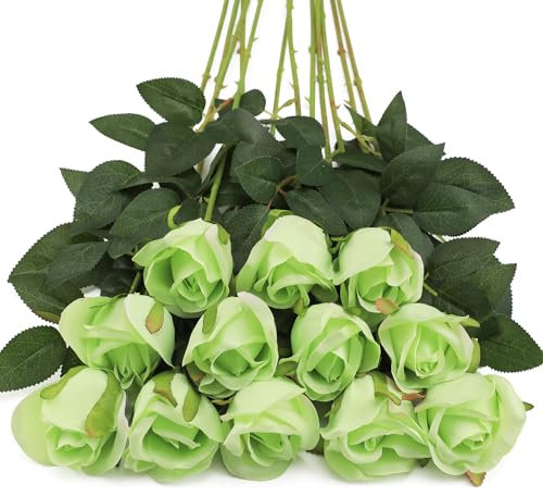 Tifuly Rosen Künstliche Blumen 12 Pcs Seide Künstliche Rose Blumen Gefälschte Blumen für Brautstrauss Haus Hochzeits Party Deko DIY(Grün)