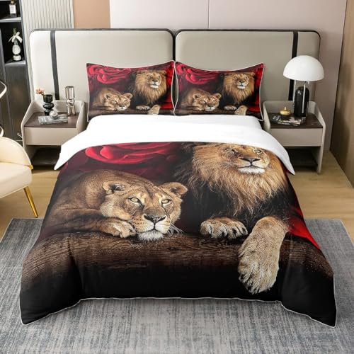 Parure de Lit Coton 220x240 cm, Housse de Couette Lion Rose, Ensemble de Literie À Imprimé Floral Animalier, Literie sur Le Thème de La Nature, pour Enfants Jeunes Adultes, Ultra Doux