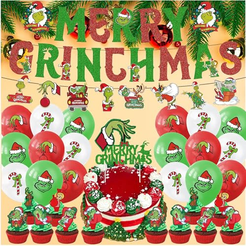 Set di 33 palloncini natalizi decorativi, decorazioni per feste a tema natalizio, palloncini rossi verdi Grinch, striscioni natalizi, kit di posizionamento biglietti