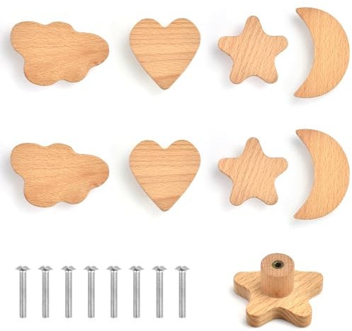SLTAXAR 8PCS Boutons de Tiroir en Bois Massif Boutons en Bois pour Commodes Boutons de Porte d'Armoire en Bois Poignée Meuble Bois Boutons de Tiroir Bois avec Vis pour Armoire Placards (4 Style)
