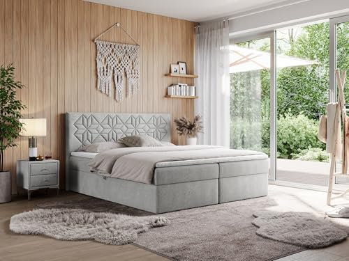 MKS MEBLE Boxspringbett 120x200 mit Matratze H3 und Bettkasten, Doppelbett Bett mit Stauraum und Topper, Polsterbett 120x200 mit Kopfteil - Leila - Hellgrau Struktur - H3