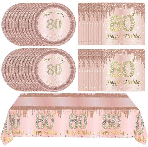 41Pcs 80th Birthday Decorations, Rose Gold Birthday Party Supplies Include 20Pcs Plates 20Pcs Napkins and 1Piece Tablecloth, Sweet Eighty Year Old Birth Party Tableware for Girl Ladies Women