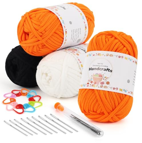 Aeelike 4X50g Dicke Garn Baumwollgarn zum Häkeln, Chunky Strickgarn für Anfänger, Kein Geteiltes Häkelgarn Baumwolle, Wolle zum Stricken mit gut Sichtbaren Maschen, 2 Orange, 1 Schwarz, 1 Weiß