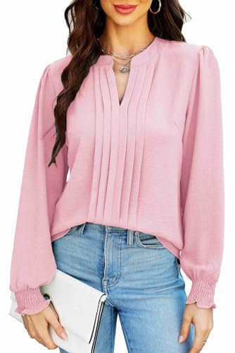 Teesho Damenblusen Elegant V-Ausschnitt Casual Langarm Oberteile Plissee vorne Arbeit Shirts Tunika Hemd Tops (Rosa/L)