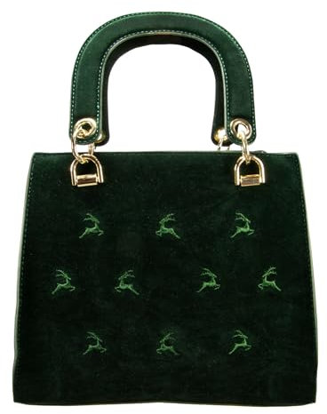Alpenflüstern Trachtentasche Samt mit Hirschstickerei - Damen Handtasche, Schultertasche fürs Dirndl, Tasche zur Tracht, Dirndltasche mit Metallelemente (grün) DTA099