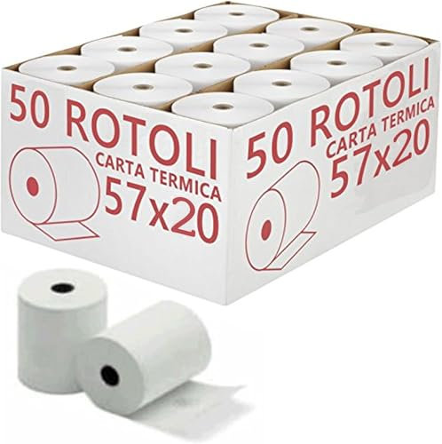 Rotoli di carta termica, 57 mm x 20 m, per registratore di cassa, set da 50 ricambio