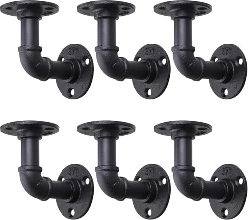 Pack de 6 supports d'étagères en tuyau industriel, supports flottants noirs avec vis, étagères murales en tuyau robustes pour planches de scaffolding à domicile - 10×10 cm