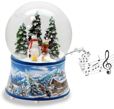Schneekugel Schneemann Steht Kind auf Schlitten | Sockel Winterlandschaft hellblau | mit Spieluhr | H:14 cm B: 10 cm | Schüttelkugel | 20100
