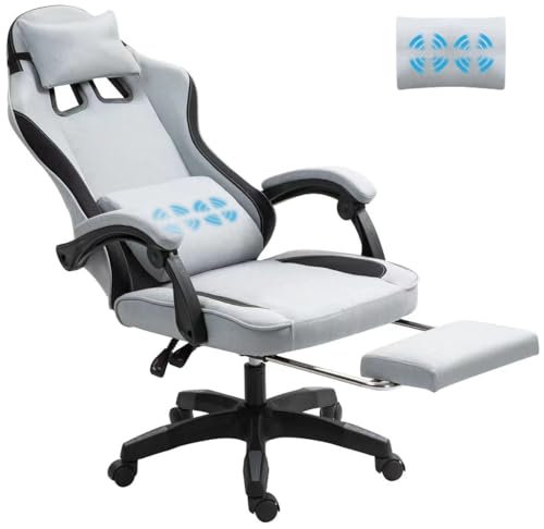Fabric Massage Gaming Chair, Fabric Ergonomic Computer Chair, Video Game Chair, Massage Office Chair, Desk Swivel Chair, Adjustable, Reclining, Footrest, Massage Cushion, Fabric Material, Grey, New