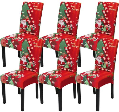 Betylifoy Weihnachten Stuhlhussen, Stretch Weihnachten Esszimmerstuhl 6er Set Stuhlbezug mit Nikolaus Weihnachtsstuhl Schutzhüllen Für Esszimmer Hotel Hochzeit Urlaub Party Dekor (Rot-Baum)