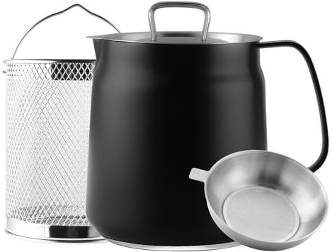 Bakpoco Olla de filtro de aceite de acero inoxidable de 2 L, recipiente de grasa de tocino con colador y cesta para freidora, aceite de cocina de cocina, protector de grasa de manteca de cerdo, olla