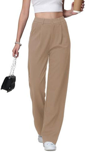 HMIYA Weite Hosen Damen Lässig Gerade Stoffhose Business Elegant Dünne Herbst Hose mit Tasche,Khaki,L/32L