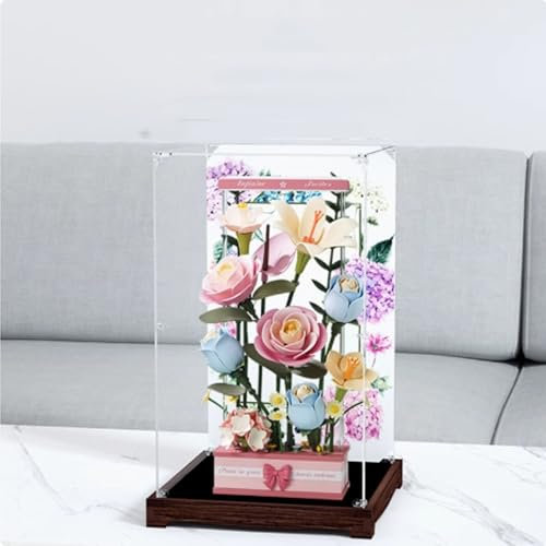 Vitrine en acrylique transparent pour modèle Lego Rose Flower Boîte de rangement Boîte de présentation Compatible avec le modèle de fleur de rose (Boîte de présentation uniquement) Noyer noir