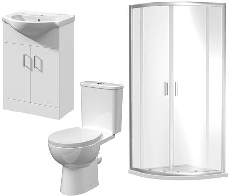 900mm Quadrant Shower Enclosure Suite with Shower Enclosure, Shower Tray, Shower Waste, 550mm Vanity Basin Unit and Toilet and Seat