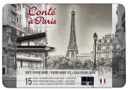 Conté à Paris 750410 Pierre Noire Set in Metal Box - 7 Pierre Noir Chalk Pens & 6 Carré Chalks in Black with Accessories