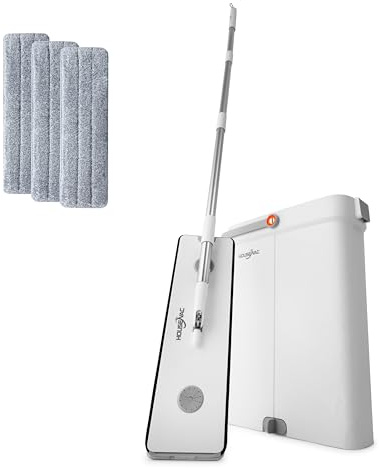 HouseVac Wischmopp und Eimer mit Auswringer-Set, freihändiger Flacher Bodenwischer und Eimer, mit 3 waschbaren Mikrofaser-Pads, Nass- und Trockengebrauch, Bodenreinigungssystem