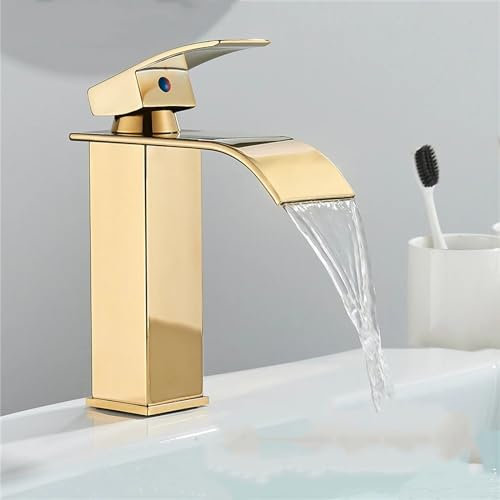 GSZCCZS Badarmatur, Warm-Kaltwasser-Waschtischarmatur, Wasserfall, Badezimmer, Waschtischarmaturen, Einhebelmischer, verchromtes Messing, Waschmischbatterien, Schwarz, Gold, MMW