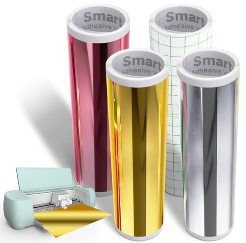 4 Rollen Smart Vinyl Permanent für Cricut Explore 3/Maker 3, Smart Adhesive Vinyl Permanent Metallic Vinyl 33x100cm Gold+Silber+Roségold+Transferfolie Selbstklebend Vinyl für DIY Tassen Autos Banner