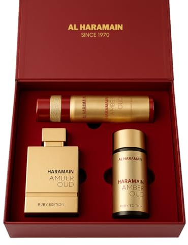 Al Haramain Amber Oud Ruby Edition Gift Set | Eau de Parfum 75ml + Travel Size 30ml + Deodorant Body Spray 200ml | Premium Arabic Fragrance for Women and Men | Ideal Choice for Perfume Gifts