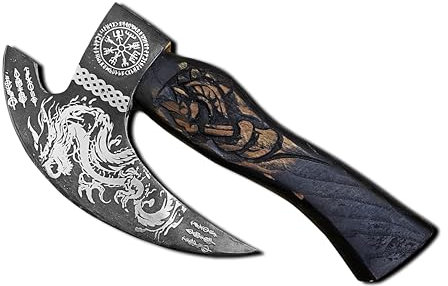 Novahaven Handcrafted Viking Pizza Axe - Carbon Steel Blade with Dragon Engraving & Ash Wood Handle - Sharp, Durable, Unique Pizza Cutter with Artisan Design (Black)
