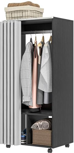 HOMCOM Armadio spogliatoio mobile con tenda Armadio su 4 ruote con appendiabiti e ripiani, armadio a rotelle per camera da letto, 60 x 40 x 128 cm, nero