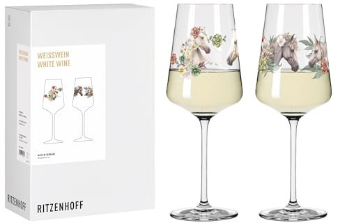 RITZENHOFF 8085001 Weißweinglas 2er Set 400 ml, Serie Reitgold - 2 Stück, Motiv Pferde floral geschmückt, Made in Germany