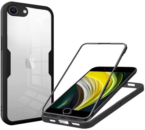 SLWYF Kompatibel mit iPhone 6/7/8/iPhone SE 2020/SE 2022 Hülle Eingebauter displayschutz 360 Grad Rundumschutz Handyhülle, Stoßfest TPU Bumper Schutzhülle Robuste Durchsichtige Kratzfest Case, Schwarz
