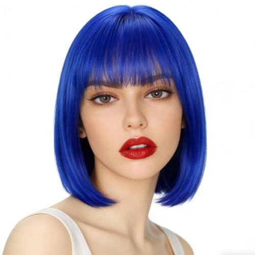 Colorfulpanda Short Blue Bob Wig with Fringe for Women Halloween Costume Cosplay Party or Daily Wear,Natural Looking Silky Straight Synthetic Heat Resistant Hair Wig,Coraline Costume