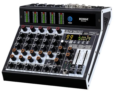 BOMGE Professioneller Audio-Mixer, 6-K-Mischpult mit 99 DSP-Effekt, +48 V Phantom, Bluetooth, USB-Schnittstelle. 2 AUX.FX-Prozessor für Studioaufnahmen und Live-Auftritte