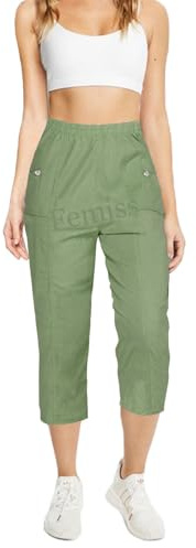 femiss Pantalon Capri Femme Élastiqué à Enfiler Court 3/4 Pantalon Doux d'Été Trois Quarts Short Grande Taille, Kaki-2., 48