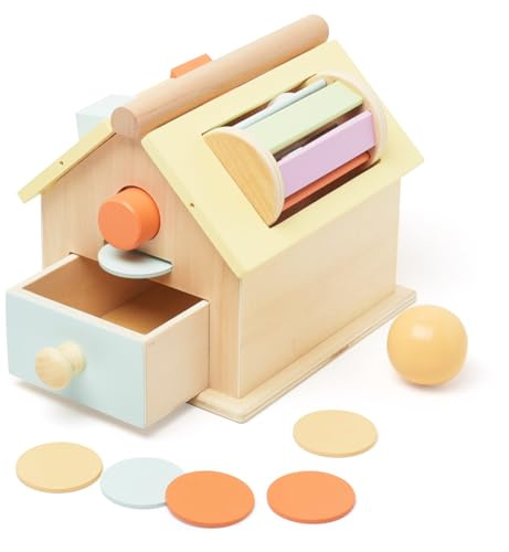 WOODENFUN Holz 4-in-1 Kinder Montessori Spielzeughaus Trommel, Farbklassifizierung, Form Klassifikation Aufbewahrungsbox für Kinder 3+ Jahre alt