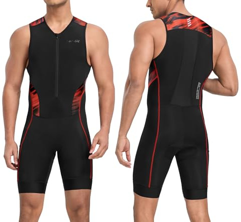 Santic Traje de triatlón para hombre - Acolchado - Monopieza - Sin mangas - Pro - Carrera - Mangas cortas - Para ciclismo, natación, carrera a pie, rojo, M