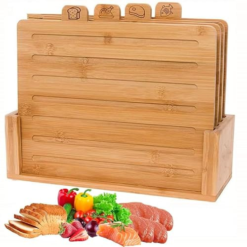 4-Piece Bamboo Chopping Board Set with Tag Classification, Juice Groove & Stand – Cutting Boards for Vegetables, Bread, Raw Meat & Fish – Durable Kitchen Prep Set