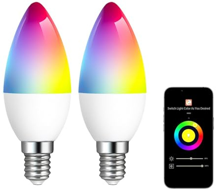 Smart Bulb E14,Alexa Light WiFi LED Candle Bulbs C37 Dimmable 2700K-6500K RGB Warm White Cool White LED with Music Sync DIY 16 Million Colors Works with Alexa Google Home App No Hub Required 2 Pack