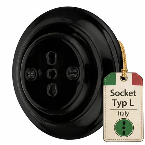 Unterputz Porzellan Retro Steckdose, All-in-One, Serie PR1 schwarz, Typ L Italienisch
