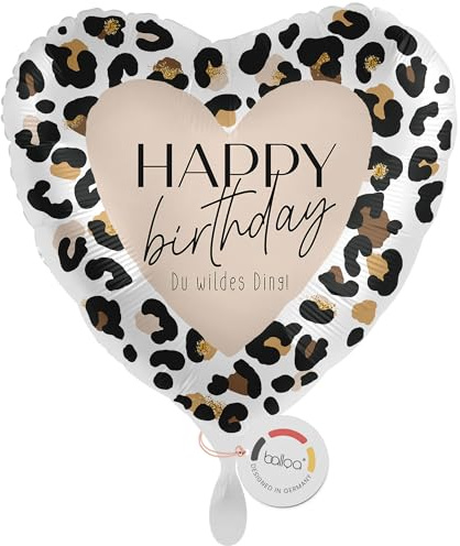 balloa Herzballon Happy Birthday Leoprint, Folienballon, 33 cm | Happy Birthday Schriftzug im Leoparden-Design, Herzform, heliumgeeignet, ungefüllt, Geburtstagsdeko für Frauen