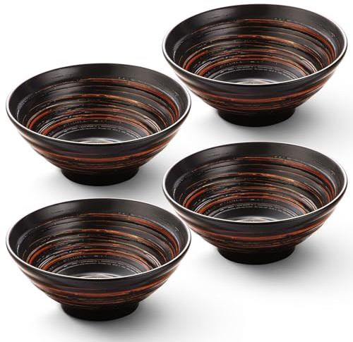 YUN TAO Keramik Ramenschalen groß 1035 ml japanischer Stil, Servierschalen für Salat, Udon, Soba, Pho, Pasta, asiatische Suppennudeln, Schwarz, 4 Stück