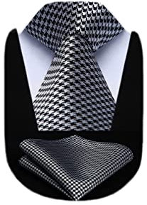 HISDERN Extra lange Hahnentritt-Krawatte Taschentuch Herren Krawatte & Einstecktuch Set (Silber & Schwarz)