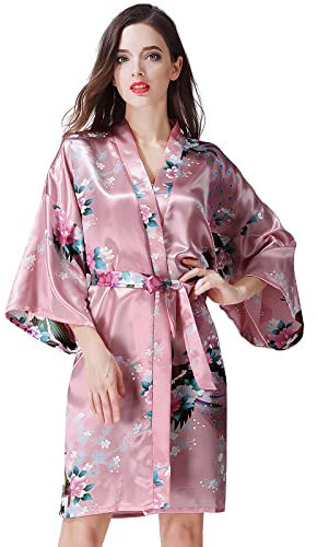 OLESILK Damen Kurz Morgenmantel Satin Kimono Morgenrock Kurzarm Robe Bademantel mit Gürtel V-Ausschnitt Nachtwäsche Negligee mit Pfau und Blumen Muster, Lotos
