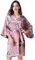 OLESILK Damen Kurz Morgenmantel Satin Kimono Morgenrock Kurzarm Robe Bademantel mit Gürtel V-Ausschnitt Nachtwäsche Negligee mit Pfau und Blumen Muster, Lotos