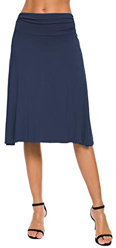 EXCHIC Damen Sommer Hohe Taille A-Linie Knielang Rock Elegant Elastisch Midi Yoga Röcke (S, Navy Blau)